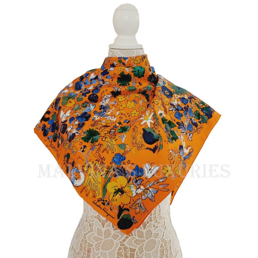 SALVATORE FERRAGAMO SCARF SIGNATURE FLOWER SEASON MULTICOLOR PRINT SILK 35" - Picture 5 of 14